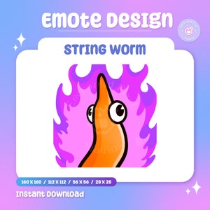 May include: An orange cartoon worm with large eyes and a pointed head, surrounded by purple flames. The text "STRING WORM" is above the worm, with "EMOTE DESIGN" above that. The image includes the text "INSTANT DOWNLOAD".