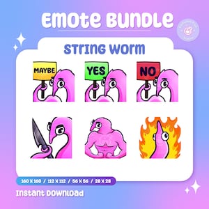 May include: A digital Emote Bundle featuring a pink worm character. The emotes include the worm holding signs that say "Maybe", "Yes", and "No", along with other expressions. The text "Emote Bundle" and "String Worm" are displayed.
