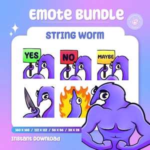 May include: A set of eight purple worm emotes with different expressions. The emotes include a worm holding a sign that says "YES", a worm holding a sign that says "NO", a worm holding a sign that says "MAYBE", a worm holding a knife, a worm on fire, and a muscular worm flexing its biceps. The emotes are in a grid format and are surrounded by a pink and blue background.