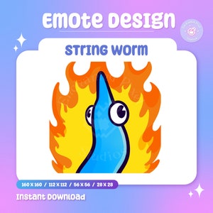 May include: A blue string worm with large eyes, set against a background of orange flames. The text "String worm" is above the image.