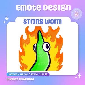 May include: A green worm with large eyes is on fire. The worm is in a flame with yellow and orange colors. The text "String worm" is above the worm. The text "Enchanted Pixel Studios" is in a circle in the upper right corner of the image.