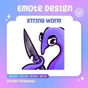 May include: A purple worm-like character holding a gray knife, part of an "Emote Design" graphic. The text "STRING WORM" is above the character. The image includes the text "Instant Download" and various size dimensions.