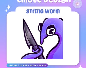 May include: A purple worm-like character holding a gray knife, part of an "Emote Design" graphic. The text "STRING WORM" is above the character. The image includes the text "Instant Download" and various size dimensions.