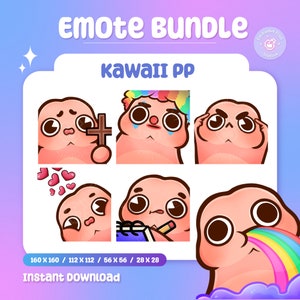 Puede incluir: Un conjunto de seis emojis digitales Kawaii PP con un personaje rosa con diferentes expresiones. Los emojis están disponibles en cuatro tamaños: 160 x 160 píxeles, 112 x 112 píxeles, 56 x 56 píxeles y 28 x 28 píxeles. Los emojis son perfectos para Twitch, Discord o cualquier otra plataforma en línea.