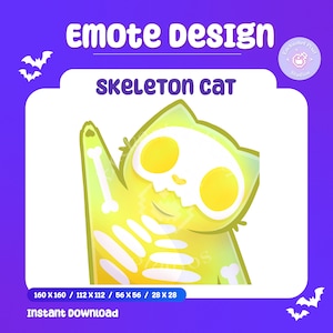 Pode incluir: Ilustração digital de um gato esqueleto de desenho animado em pose de saudação, com um esquema de cores amarelo e verde. A imagem inclui o texto "SKELETON CAT" e "Emote Design". Download instantâneo.
