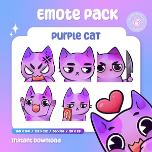 Niedliche Kawaii Chibi Anime Katze Emote Pack (6) | Dumme Lila Luftschlangen Emotes | Gemütliches Emote Set Liebe Hype Train Messer Rage | Sofort Download