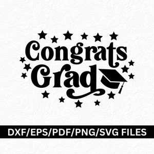 May include: Black and white graphic design featuring the text "Congrats Grad" surrounded by stars. A graduation cap is included in the design.