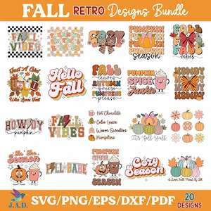 May include: A bundle of 20 fall-themed retro designs in SVG, PNG, EPS, and DXF/PDF formats. The designs feature pumpkins, leaves, and phrases like "Fall Vibes," "Pumpkin Spice," and "Cozy Season." The color palette includes orange, brown, and cream.
