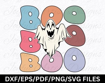 May include: A colorful graphic design of the word "BOO" with a white ghost in the center. The letters are in a bubble font with a variety of colors including pink, blue, green, orange, and purple.