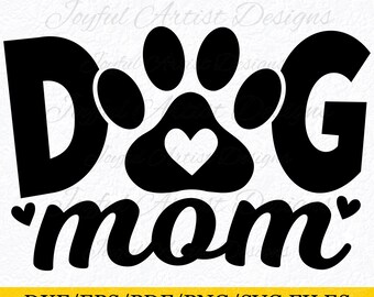 May include: Black and white design of the word "Dog" with a paw print in the middle and a heart inside the paw print. Below the word "Dog" is the word "mom" in a cursive font. The text "DXF/EPS/PDF/PNG/SVG FILES" is below the design. Below the text is a small image of a hummingbird.