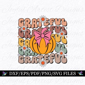 May include: A digital design featuring the word "grateful" in a retro font, repeated multiple times in different colors. A pumpkin with a pink bow is centered in the design.