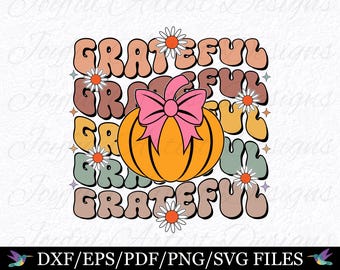 May include: A digital design featuring the word "grateful" in a retro font, repeated multiple times in different colours. A pumpkin with a pink bow is centred in the design.