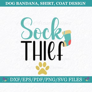 Może przedstawiać: Grafika w kolorze turkusowym i czarnym z tekstem "Sock Thief" i odciskiem łapy. Projekt przeznaczony jest na chustkę, koszulkę lub płaszcz dla psa.