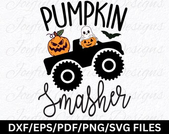 Pumpkin Smasher Halloween Design: Truck, Jack-O-Lanterns, Ghost, Bat (SVG, PNG, PDF)