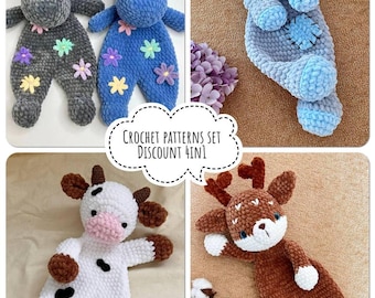 Crochet patterns set of 4 baby snugglers: bear, hippo, cow, deer. Amigurumi pattern bundle of kids snugglers