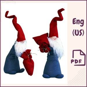 May include: Two red and blue felt Christmas gnomes holding red felt bags. The gnomes have white felt beards and red felt hats. The text "Eng (US) PDF" is in the upper right corner of the image.