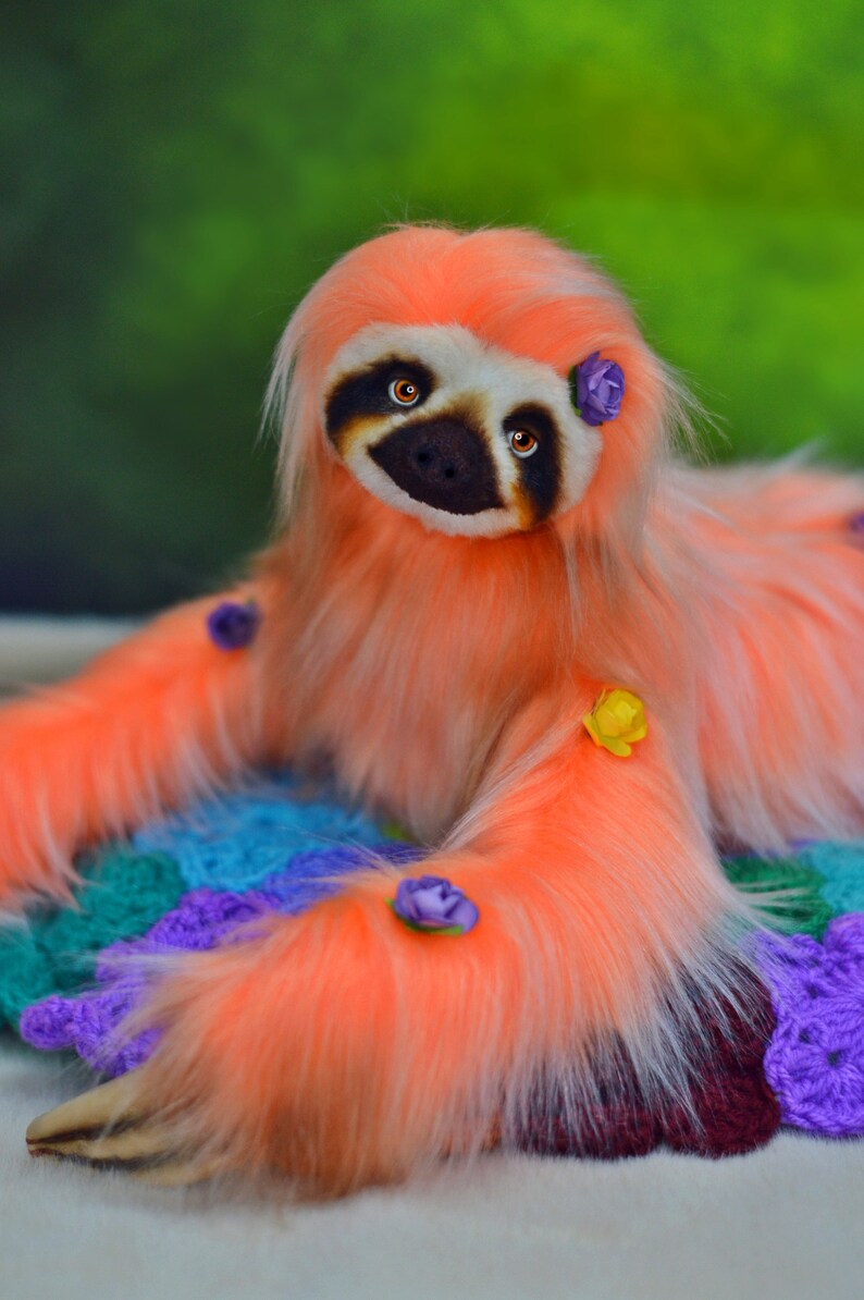 Realistic plush sloth made from PDF template – 10 inch tall sitting