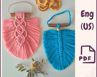 Conjunto de 2 padrões de macramê de penas / tutorial de folhas / DIY passo a passo / padrão de suspensão de parede de macramê PDF / decoração fácil de macramê Download digital