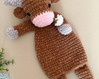 Crochet cow lovey pattern Amigurumi highland cow pdf tutorial Cuddle kids toy pattern