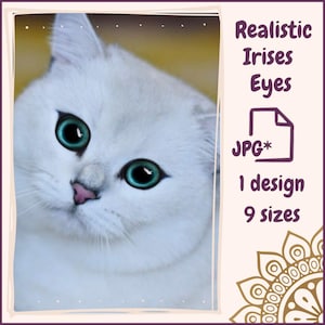 Può includere: Primo piano di un gatto bianco con occhi azzurri brillanti. Il gatto sta guardando direttamente la telecamera. L'immagine è intitolata "Realistic Irises Eyes" e include il testo "JPG* 1 design 9 sizes".