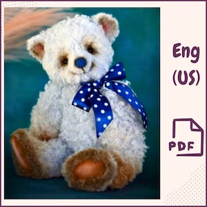 May include: A white teddy bear with blue eyes and a blue bow with white polka dots. The bear is sitting on a blue background.