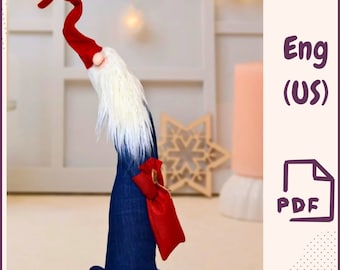 May include: A blue and red felt gnome with a white beard and a red sack. The gnome is holding the sack in its right hand. The gnome is standing on a wooden surface. Eng (US) PDF