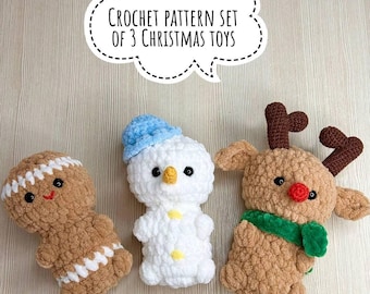 Crochet Christmas pattern set of 3 toys: deer, snowman, gingerbread cookie. Amigurumi Xmas toys pattern bundle