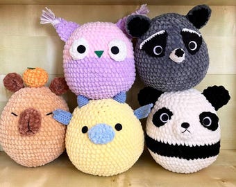 Crochet patterns set of 5 squishy toys: dragon, capibara, panda, raccoon, owl. Amigurumi patterns bundle