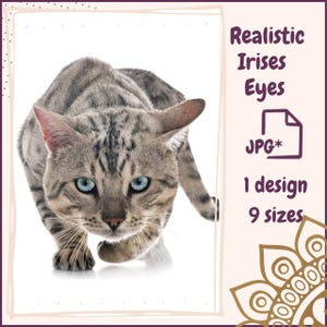 May include: A gray and black Bengal cat with striking blue eyes, captured in a forward-facing pose. The image includes text that reads "Realistic Irises Eyes," "JPG*," "1 design," and "9 sizes."