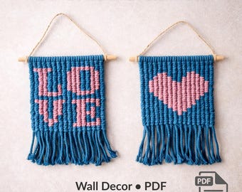 Macrame Valentine Wall Hanging Pattern Bundle | LOVE + Heart | English PDF Tutorial | Boho Decor DIY | Instant Download