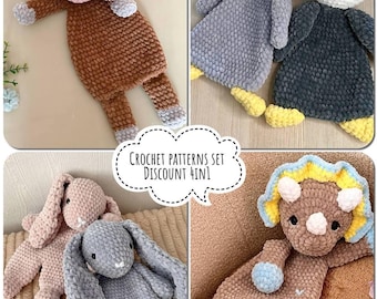 Crochet patterns set of 4 baby snugglers: cow, bunny, penguin, dinosaur. Amigurumi pattern bundle of kids snugglers