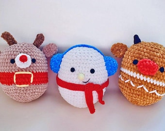 Crochet Christmas pattern set of 3 squishy toys: snowman, deer, gingerbread cow