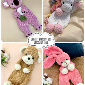 May include: A set of four plush crochet toys including a purple koala, a white unicorn with a gold horn, a brown and white puppy, and a pink bunny. The text CROCHET PATTERNS SET DISCOUNT 4IN1 is centered in a white speech bubble overlay.