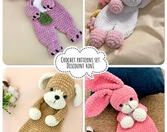Crochet patterns set of 4 baby snugglers: koala, puppy, unicorn, bunny. Amigurumi pattern bundle of kids snugglers