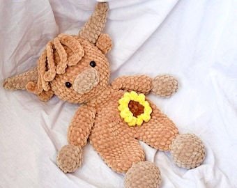 Crochet highland cow lovey pattern Amigurumi cow snuggler pdf tutorial Crochet cuddly baby toy pattern