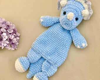 Crochet dinosaur lovey pattern Amigurumi triceratops snuggler pdf pattern Crochet cuddly toy for kids pattern