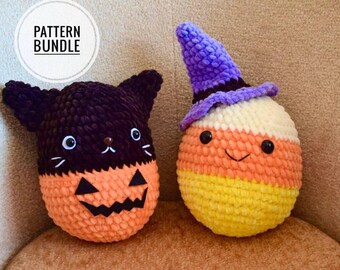 Crochet Halloween toys pattern set of 2 squishy toys: cat, candy corn. Amigurumi squishy toys pattern bundle