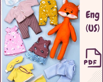 Fox Plush Doll PDF Sewing Pattern – Animal Toy Sewing Template + Wardrobe Set – DIY Clothes for Soft Toys, Instant Download