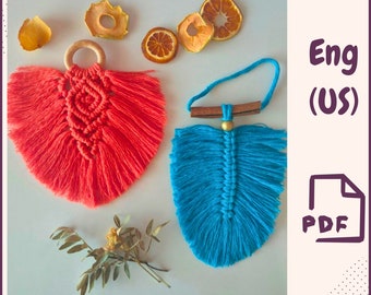 Conjunto de 2 padrões de macramê de penas / tutorial de folhas / DIY passo a passo / padrão de suspensão de parede de macramê PDF / decoração fácil de macramê Download digital