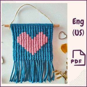 Pixel Heart Macrame Wall Hanging PDF Pattern, Valentine&#39;s Day DIY Decor, Beginner Macrame Tutorial, Boho Fiber Art Tapestry for Gift Nursery