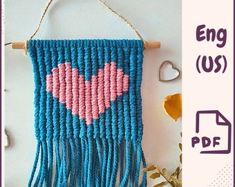 Pixel Heart Macrame Wall Hanging PDF Pattern, Valentine's Day DIY Decor, Beginner Macrame Tutorial, Boho Fiber Art Tapestry for Gift Nursery