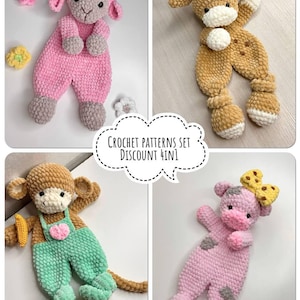May include: A set of four crocheted plush toys including a pink lamb, a brown giraffe, a brown monkey in mint green overalls, and a pink cow with a yellow bow. The central text bubble reads CROCHET PATTERNS SET DISCOUNT 4IN1. Each toy has a soft texture.