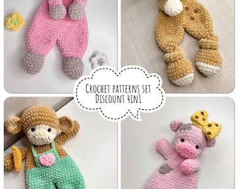 Crochet patterns set of 4 baby snugglers: sheep, giraffe, monkey, pig. Crochet baby lovies pattern bundle