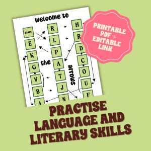 May include: A printable PDF with a language and literary skills game. The game features a grid with letters and arrows, with the text "welcome to the arrows". A pink tag says "Printable PDF + Editable Link". The text "Practise Language and Literary Skills" is at the bottom.