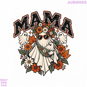 Peut inclure: Un motif graphique avec le mot MAMA en lettres noires usées. Un fantôme central porte des lunettes de soleil orange et une couronne de fleurs, portant un plus petit fantôme dans une écharpe verte. Entouré de fleurs orange, feuilles et fantômes.