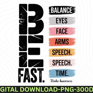 Peut inclure: Graphique numérique noir et blanc avec les mots "B.E. FAST." et une liste d'indicateurs de santé : Équilibre, Yeux, Visage, Bras, Parole, Parole, Temps. La phrase "Sensibilisation aux accidents vasculaires cérébraux" est également incluse.