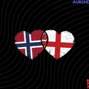 Può includere: Due grafiche a forma di cuore sovrapposte con texture consumate. Il cuore a sinistra mostra la bandiera norvegese con sfondo rosso, croce bianca e croce blu. Il cuore a destra mostra la bandiera inglese con sfondo bianco e croce rossa. Il testo AURGHDS appare in alto a destra e Only PNG File in basso a destra.