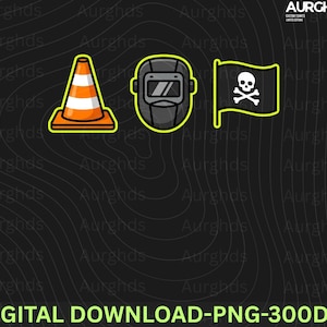 May include: Digital download featuring three graphic icons: an orange and white traffic cone, a black welding mask, and a black pirate flag with a skull and crossbones. The text "DIGITAL DOWNLOAD-PNG-300DPI" is at the bottom.