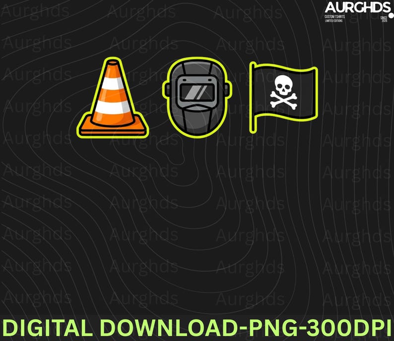 May include: Digital download featuring three graphic icons: an orange and white traffic cone, a black welding mask, and a black pirate flag with a skull and crossbones. The text "DIGITAL DOWNLOAD-PNG-300DPI" is at the bottom.