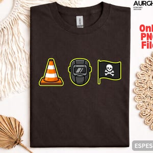 May include: Espresso-colored t-shirt featuring three cartoon graphics: an orange and white traffic cone, a welding mask, and a black flag with a skull and crossbones. The text "Only PNG File" is visible.